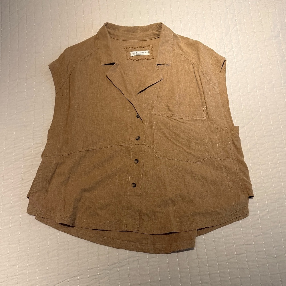 Free People Light Brown Short Sleeve Collard Button up Size Small